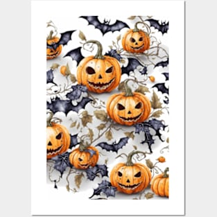 Halloween pumpkins and bats pattern Posters and Art